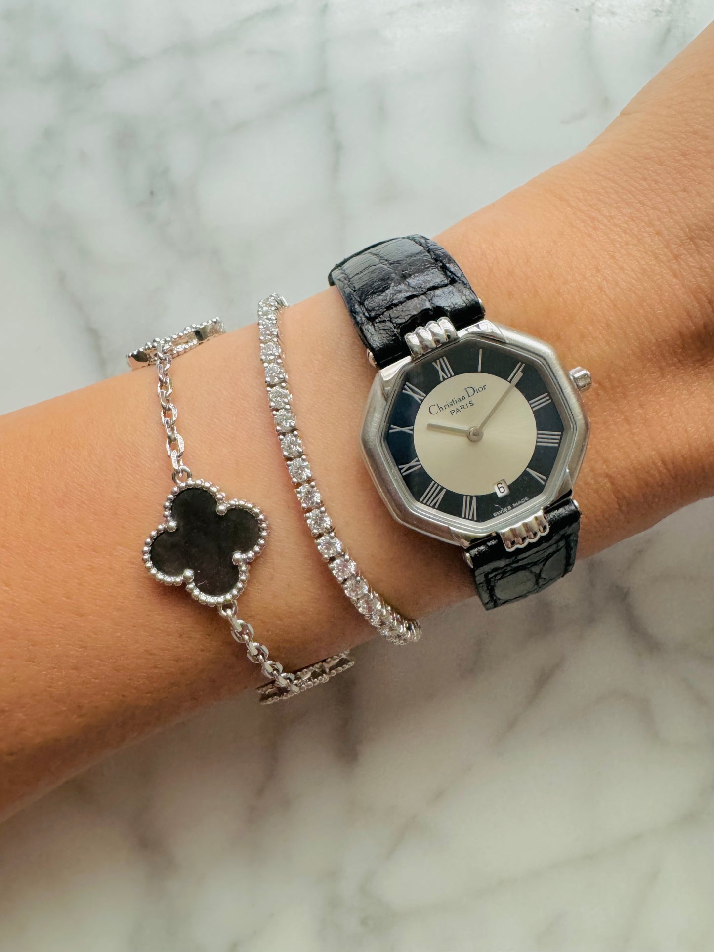 CHRISTIAN DIOR 1990s Silver Octagon Black Leather Strap Unisex Watch (Vintage)