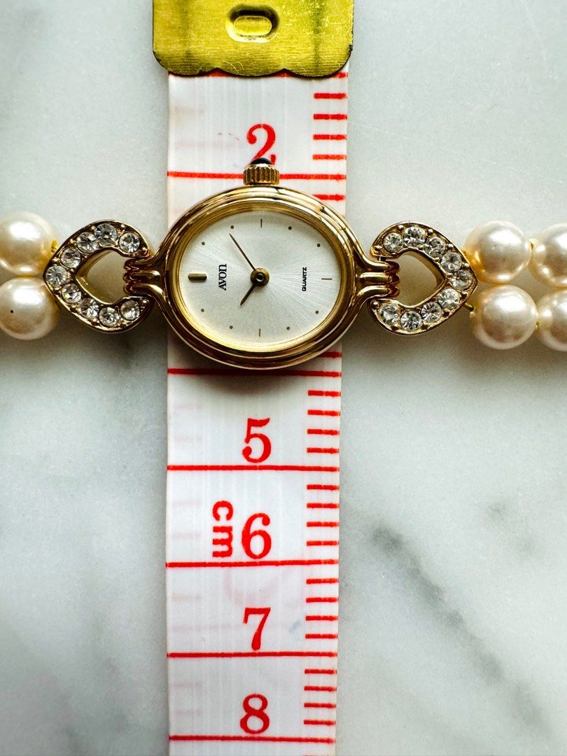 AVON 1990s Vintage Japan Pearl Heart Rhinestone Gold Tone Watch
