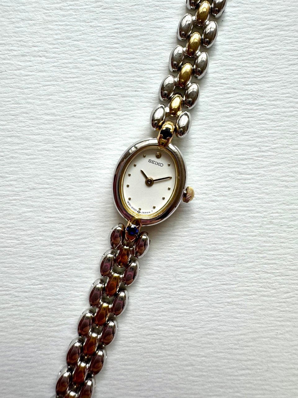 SEIKO Vintage Oval Dial Two-Toned Gold & Steel Sapphire Studded Ladies Quartz Watch