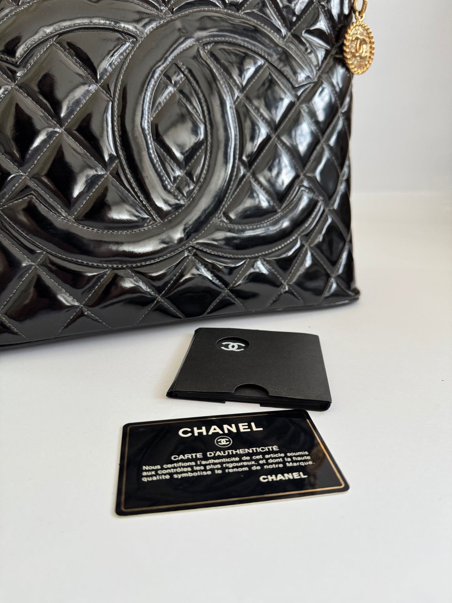 CHANEL Black Patent Medallion Top Handle Tote Bag (2003)