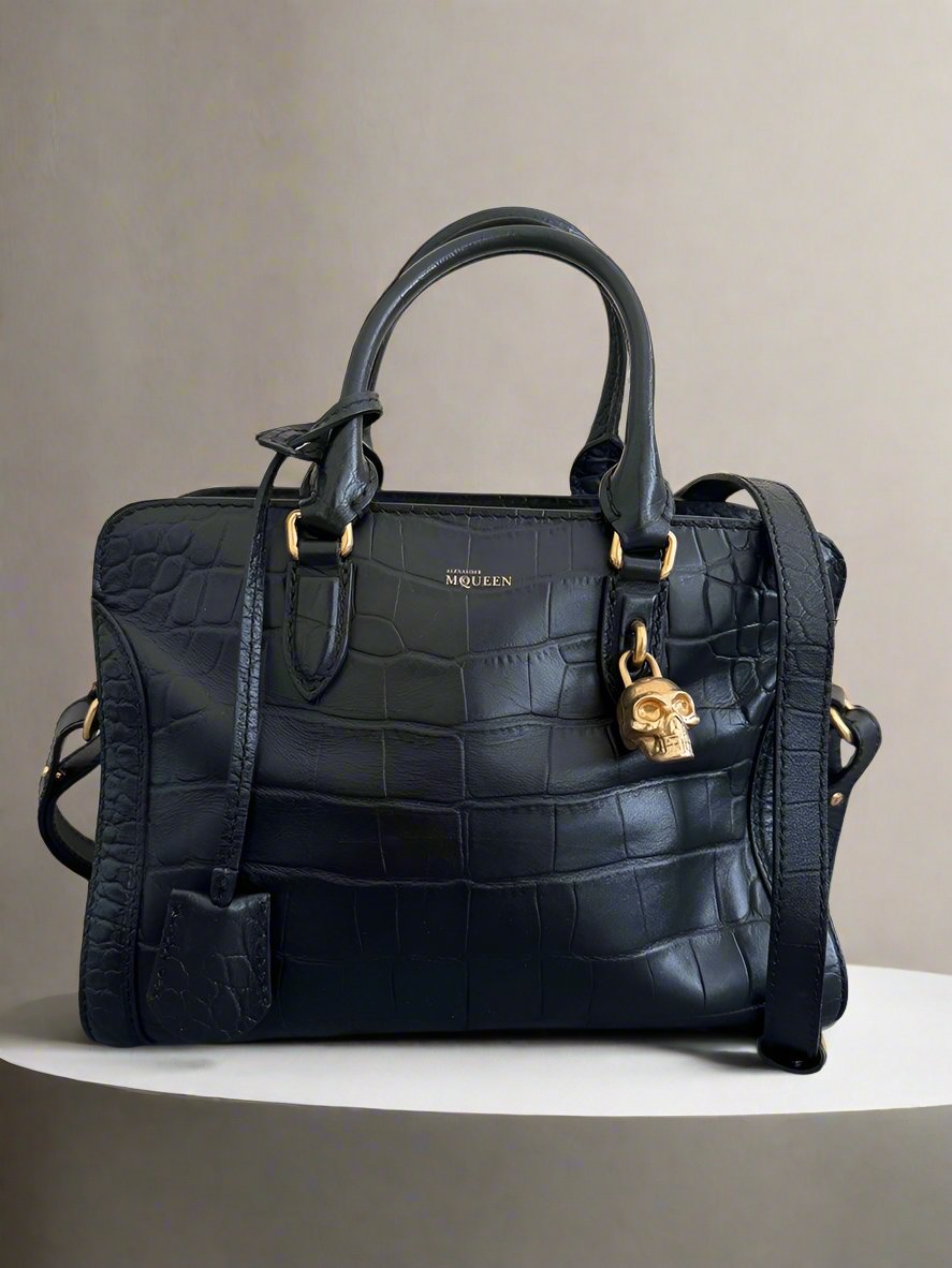 Alexander McQueen Skull Padlock Croc Embossed Boston Bag with Cross Bo – myspringfling Alexander McQueen Skull Padlock Croc Embossed Boston Bag with Cross Bo – myspringfling