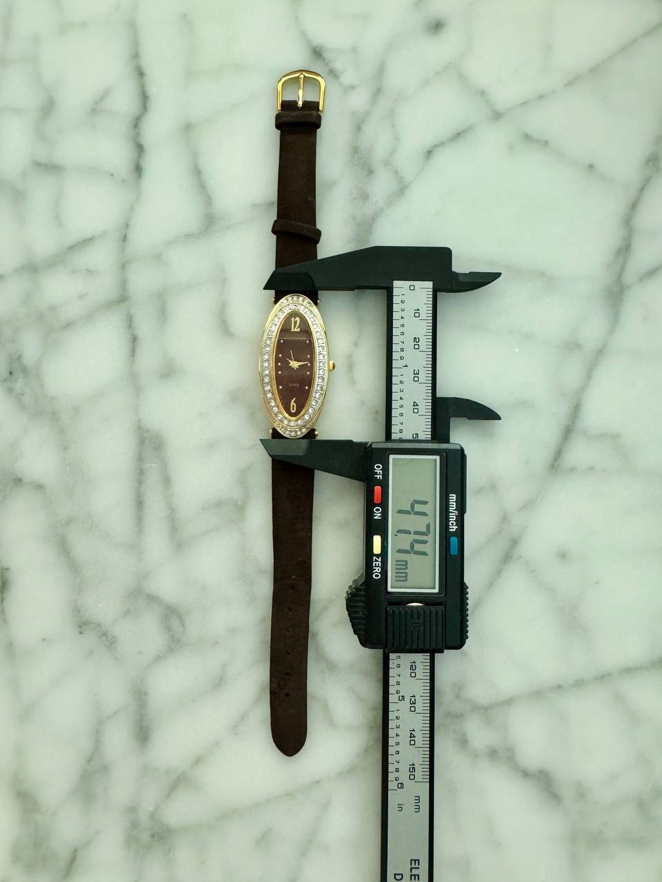 JOAN RIVERS Diamante Studded Gold Elongated Oval Quartz Ladies Watch with Brown Suede Strap