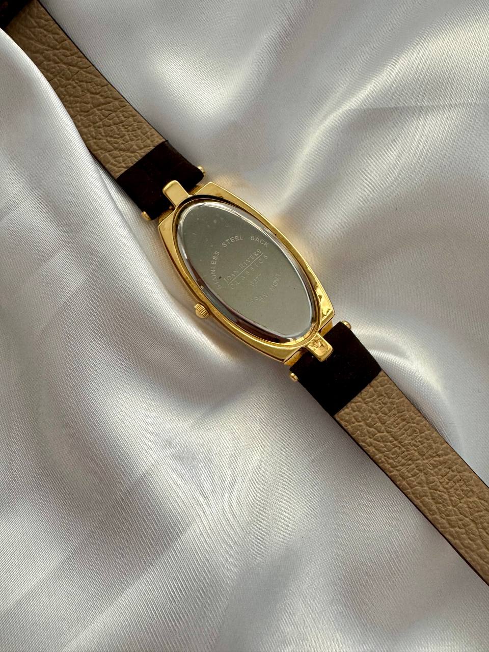 JOAN RIVERS Diamante Studded Gold Elongated Oval Quartz Ladies Watch with Brown Suede Strap