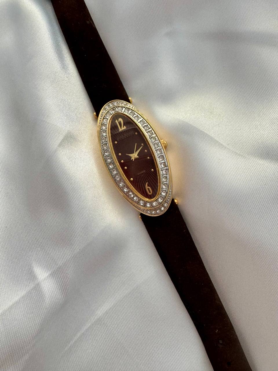 JOAN RIVERS Diamante Studded Gold Elongated Oval Quartz Ladies Watch with Brown Suede Strap