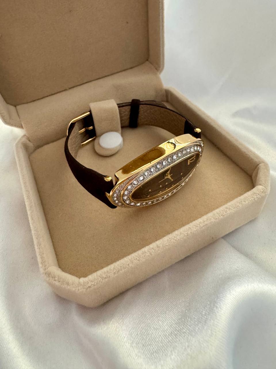 JOAN RIVERS Diamante Studded Gold Elongated Oval Quartz Ladies Watch with Brown Suede Strap