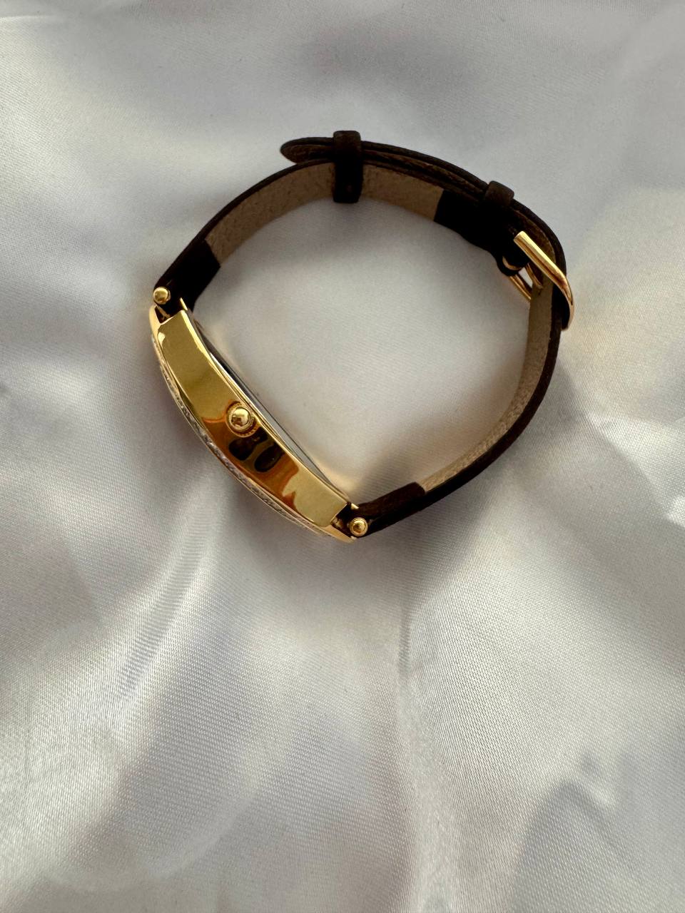 JOAN RIVERS Diamante Studded Gold Elongated Oval Quartz Ladies Watch with Brown Suede Strap
