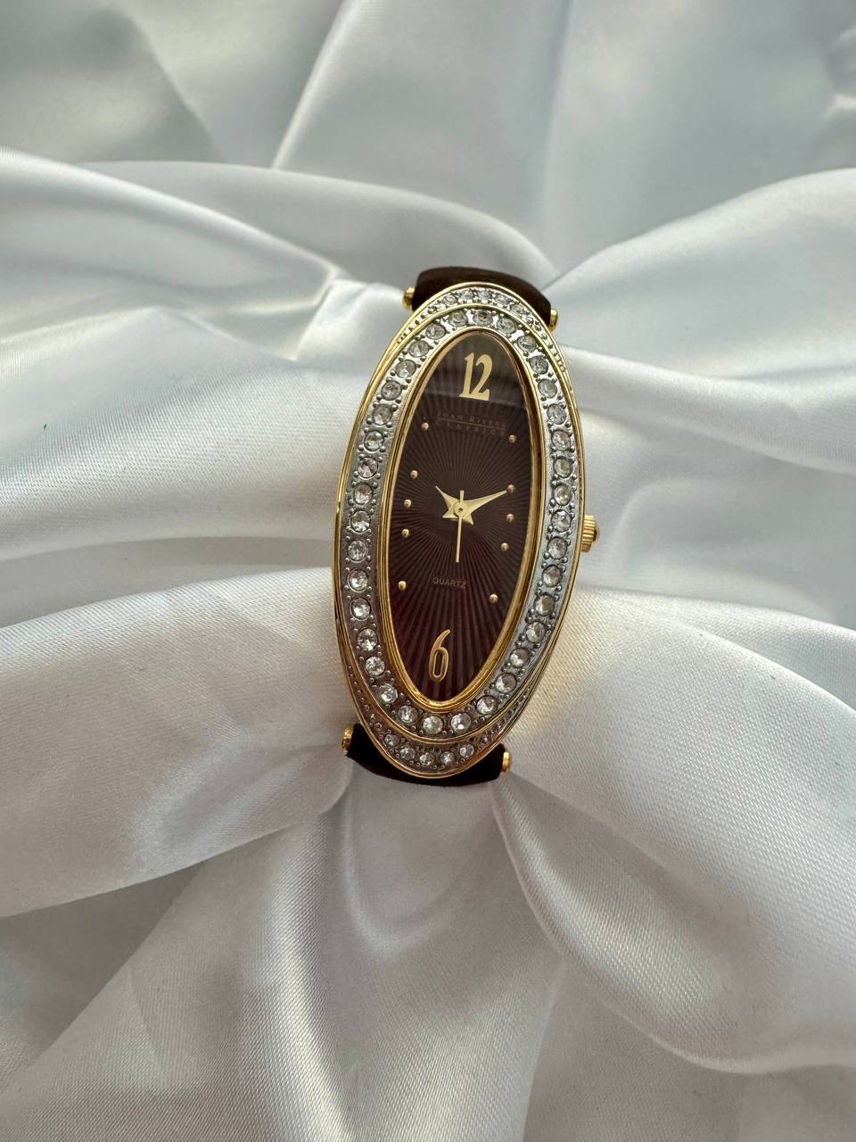 JOAN RIVERS Diamante Studded Gold Elongated Oval Quartz Ladies Watch with Brown Suede Strap