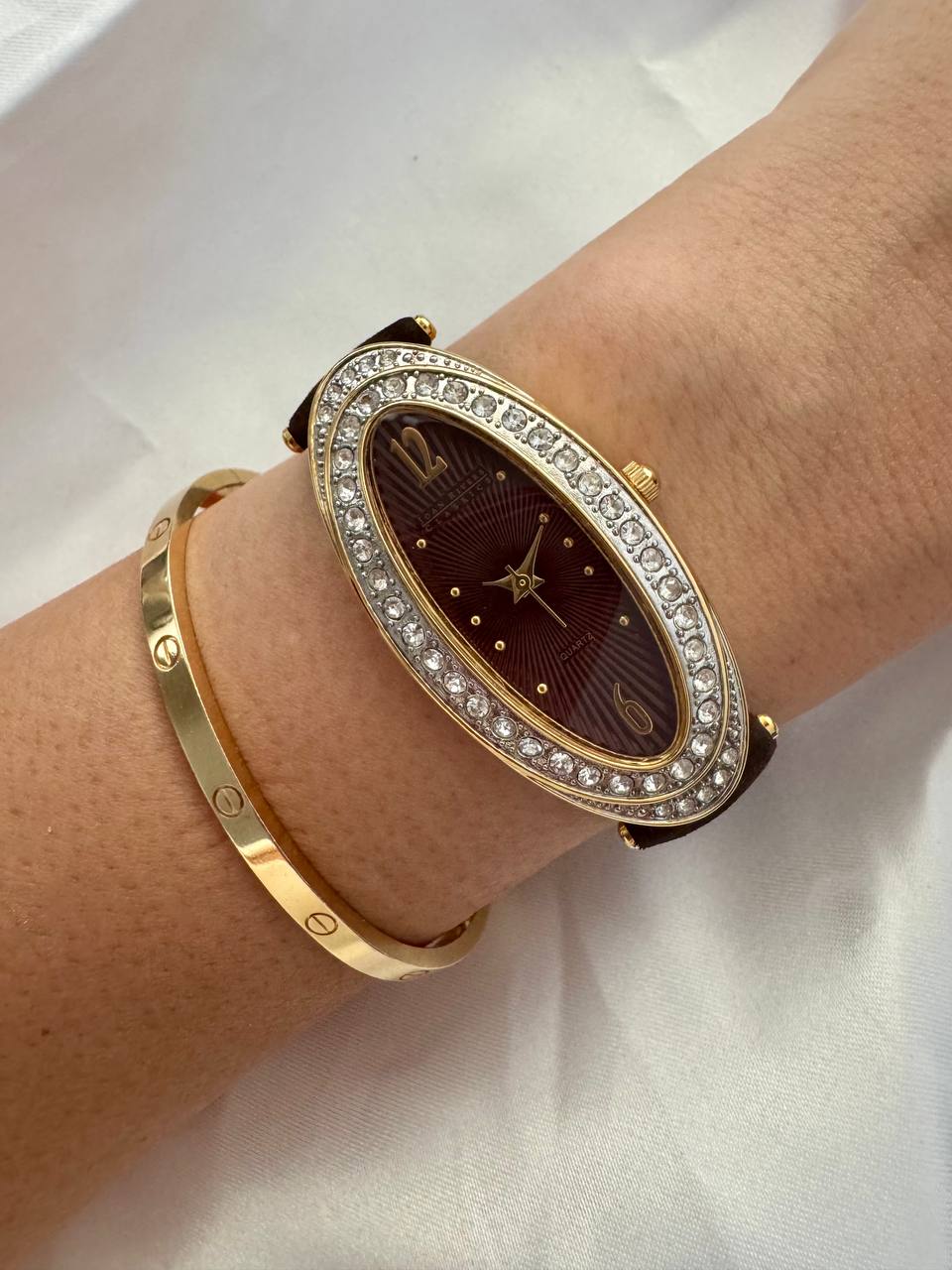 JOAN RIVERS Diamante Studded Gold Elongated Oval Quartz Ladies Watch with Brown Suede Strap