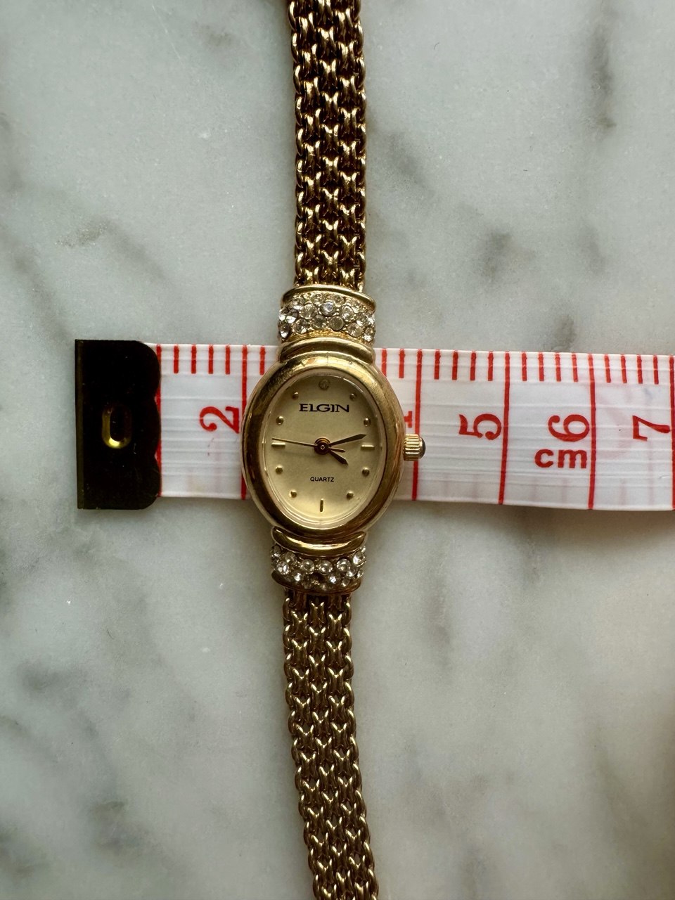 ELGIN “The Starlet” 1990s Gold-Tone Mesh Diamond-Accented Oval Face Quartz Bracelet Watch