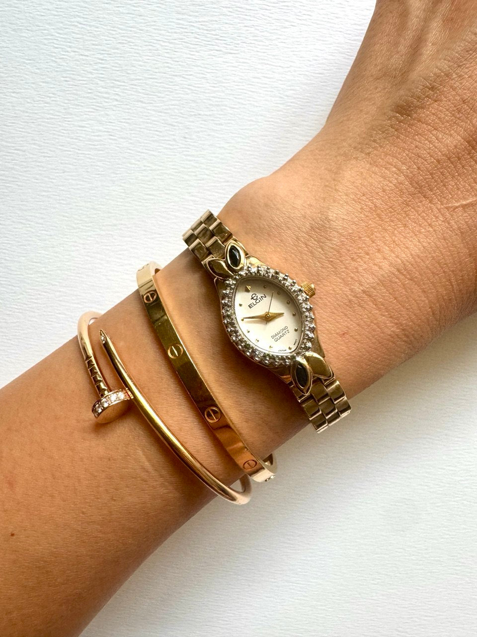 ELGIN "The Heiress" 1990s Diamond-Accented Onyx Marquise Oval Ladies Quartz Gold-tone Watch