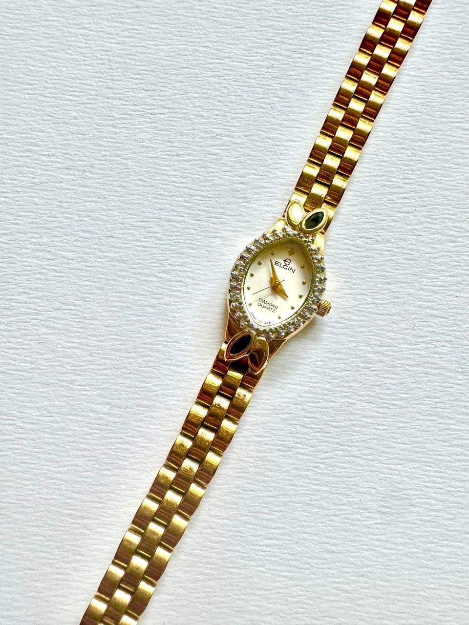 ELGIN "The Heiress" 1990s Diamond-Accented Onyx Marquise Oval Ladies Quartz Gold-tone Watch