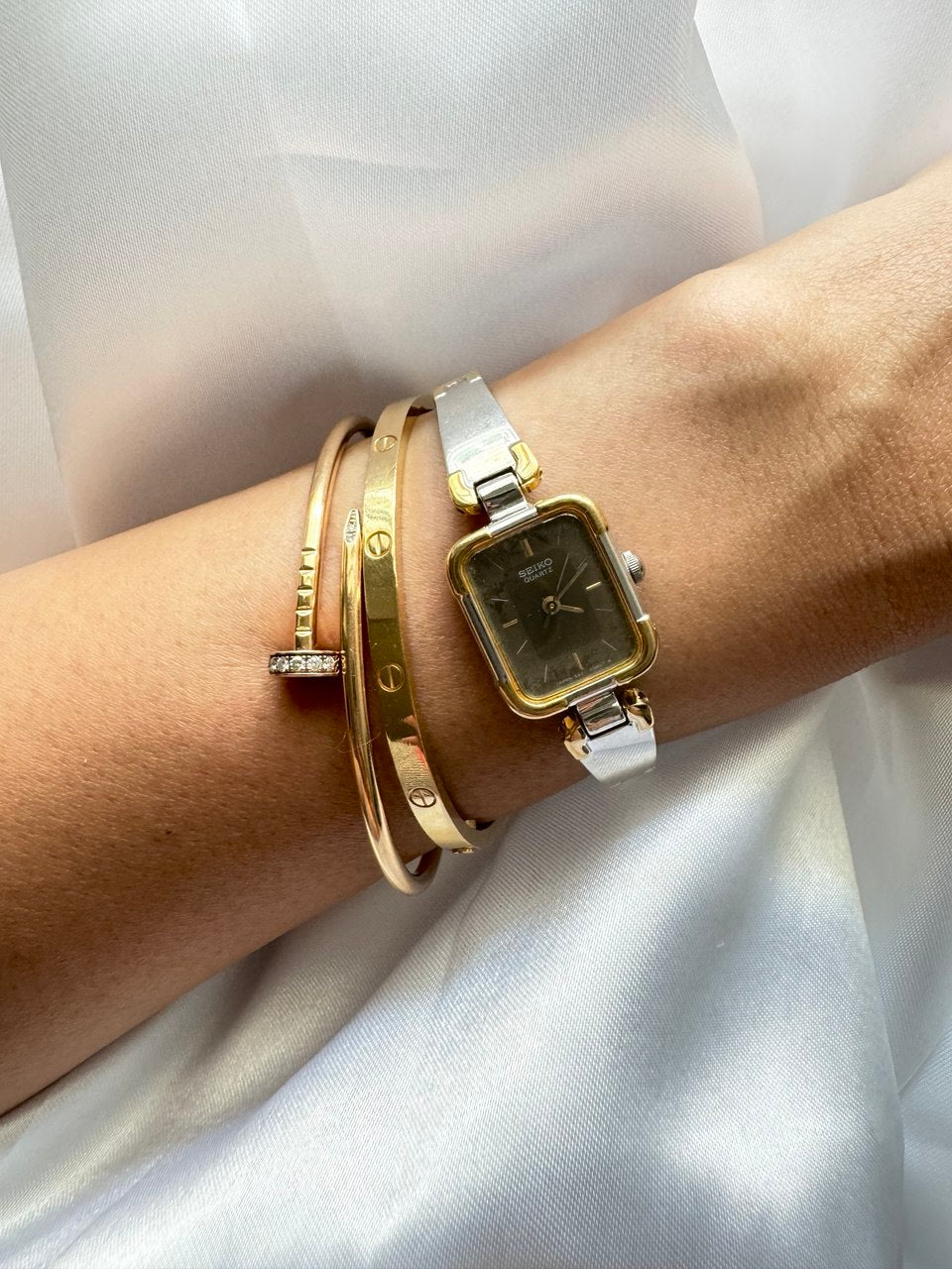 SEIKO Noir Deco Mirror Rectangular Two-Tone Silver and Gold Tank Ladies Watch