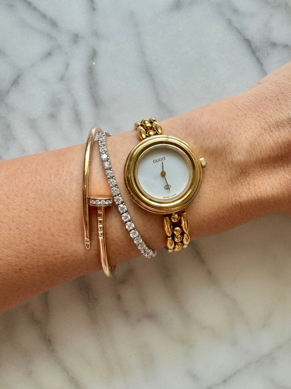 GUCCI Vintage Gold-Tone Round Bezel Ball Links Bracelet Quartz Ladies Dress Watch