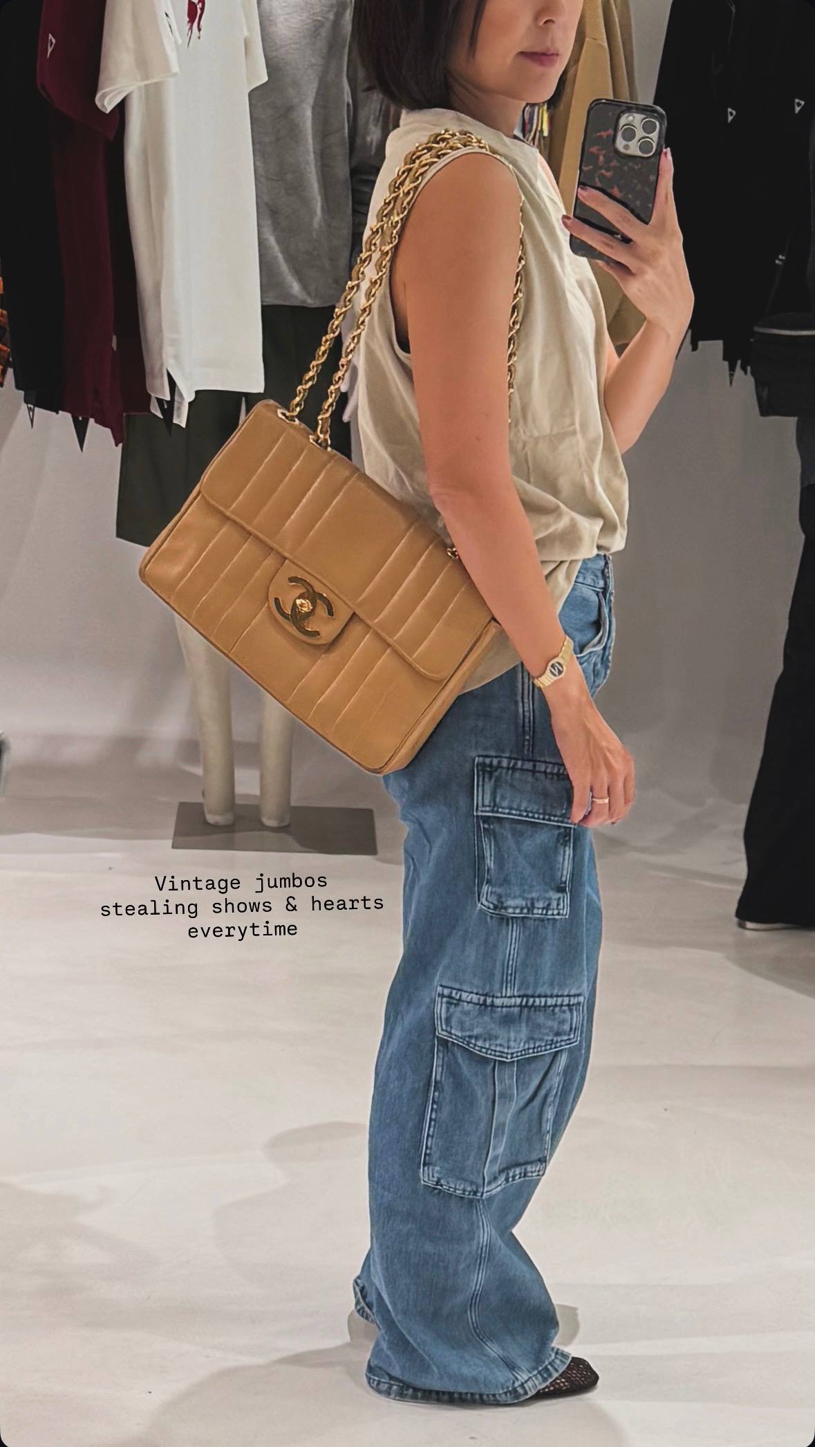 CHANEL 1994 - 1996 Vintage Beige Caviar Vertical Classic Flap Jumbo Bag with 24K Gold Hardware