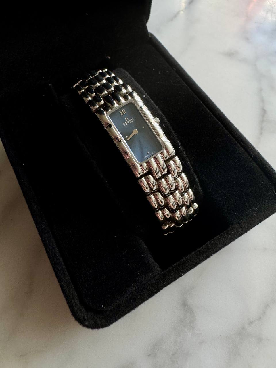 FENDI Vintage Navy Blue Dial Rectangular Silver-Tone Chain Link Bracelet Quartz Watch