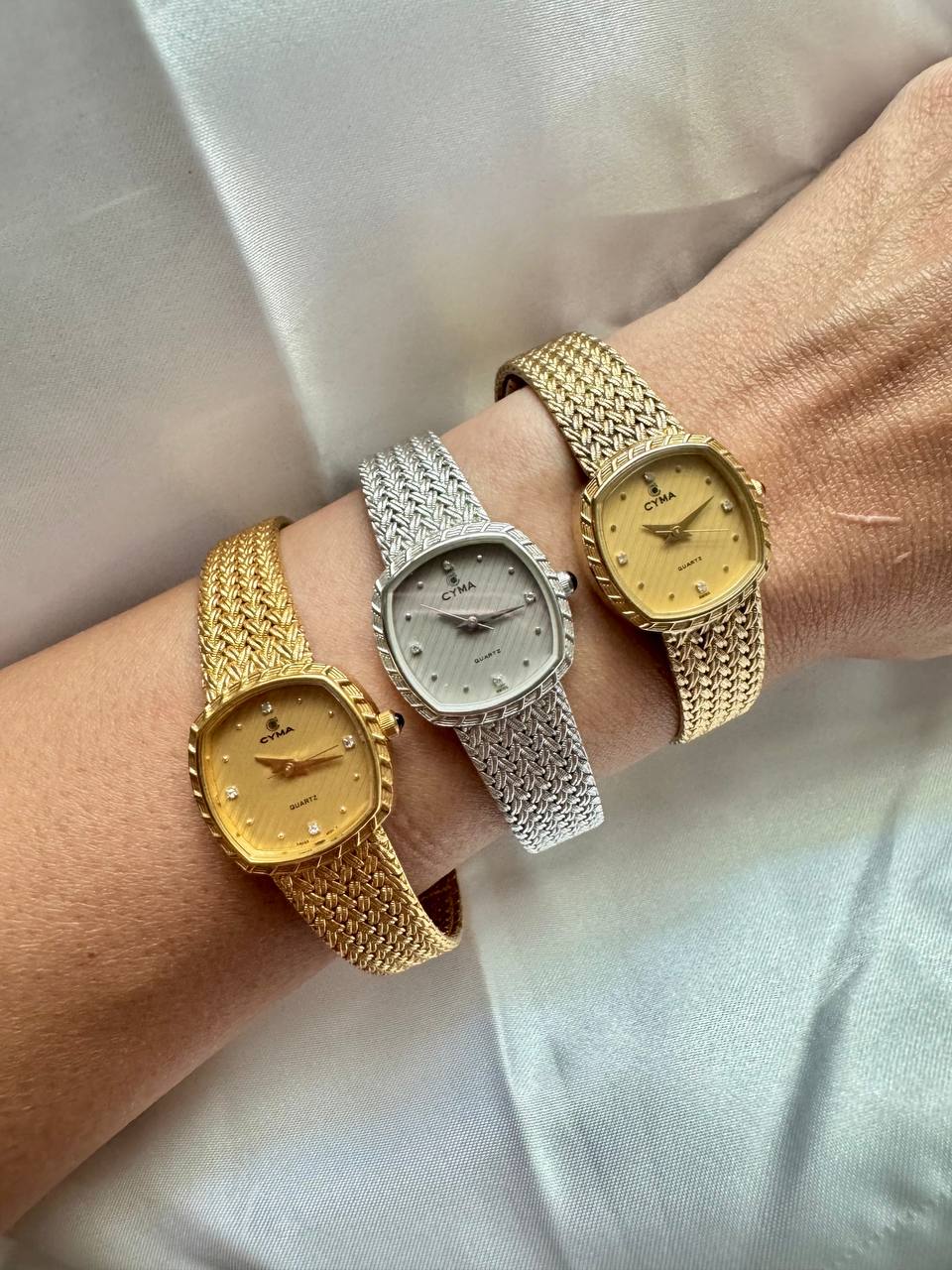 CYMA Vintage Silver Tone Diamante Ellipse Woven Bracelet Ladies Quartz Watch