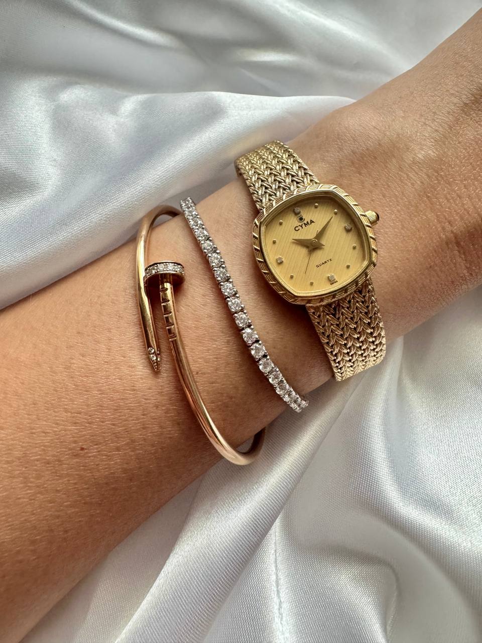 CYMA Vintage Champagne Gold Tone Diamante Ellipse Woven Bracelet Ladies Quartz Watch