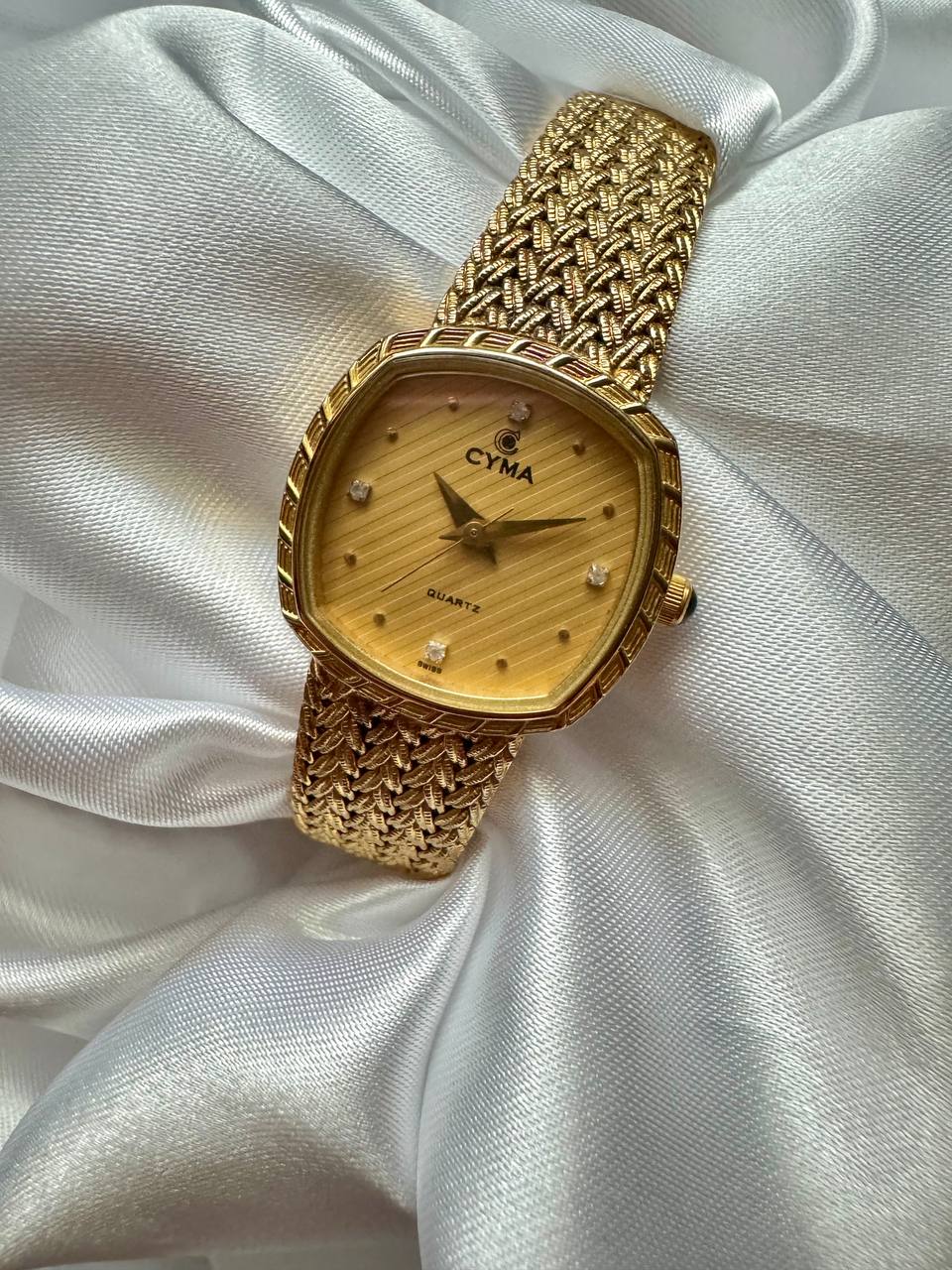 CYMA Vintage Champagne Gold Tone Diamante Ellipse Woven Bracelet Ladies Quartz Watch