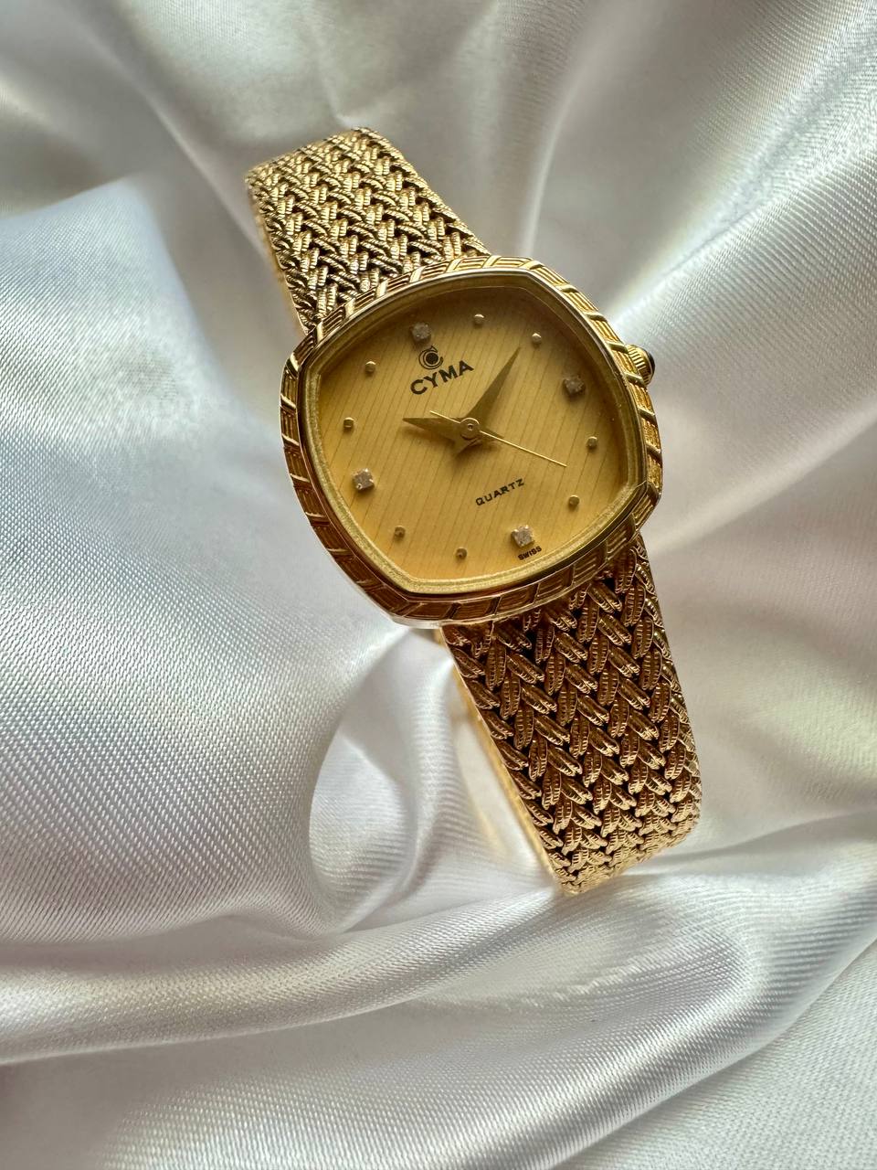 CYMA Vintage Champagne Gold Tone Diamante Ellipse Woven Bracelet Ladies Quartz Watch