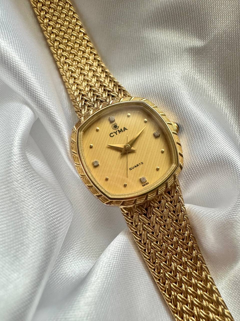 CYMA Vintage Champagne Gold Tone Diamante Ellipse Woven Bracelet Ladies Quartz Watch