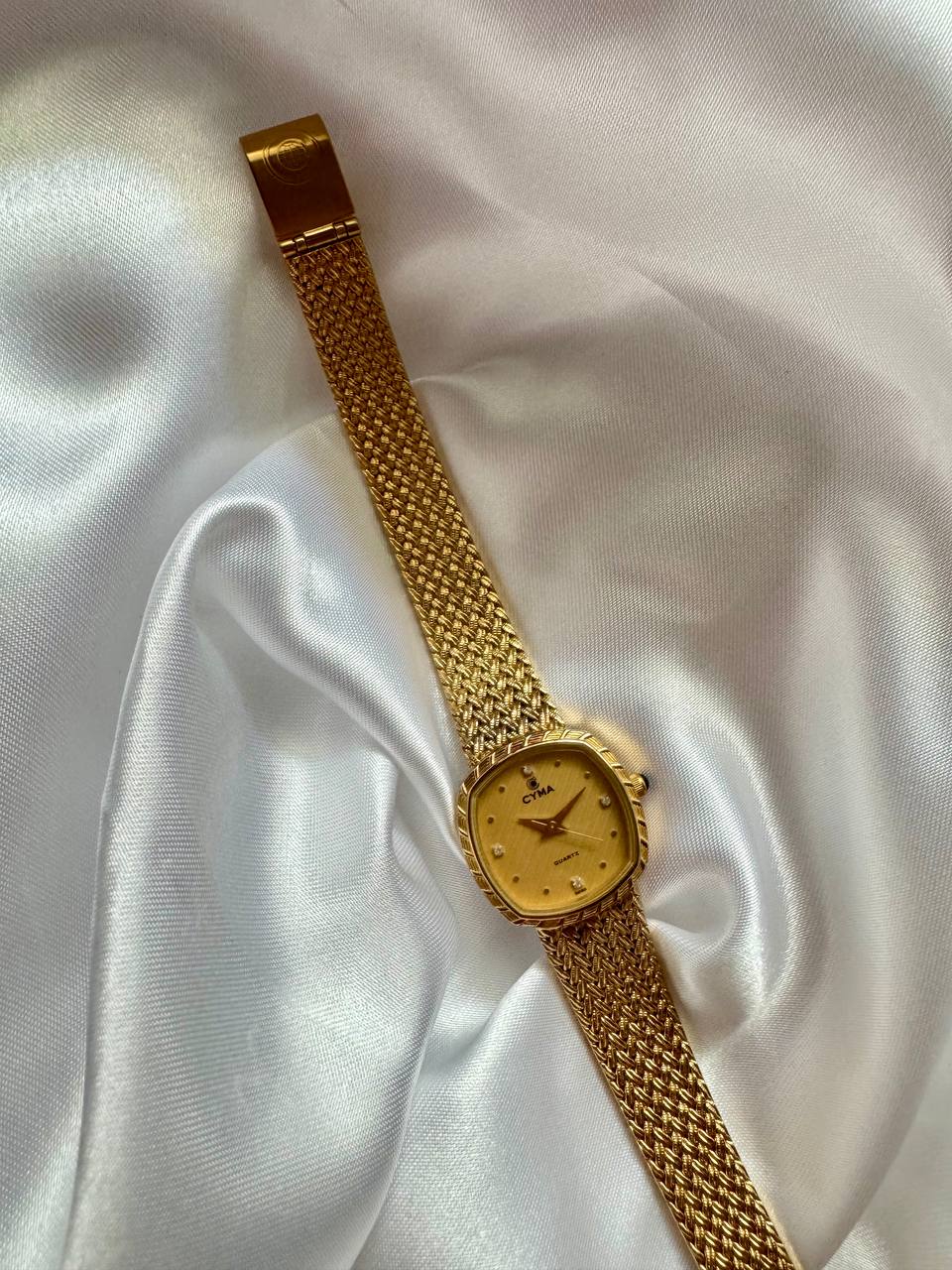 CYMA Vintage Champagne Gold Tone Diamante Ellipse Woven Bracelet Ladies Quartz Watch