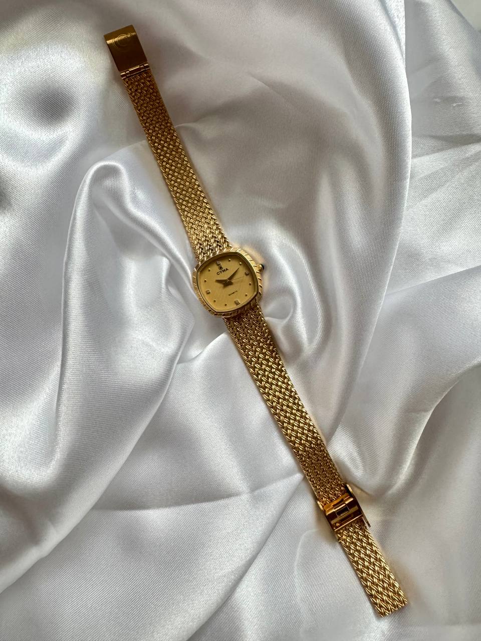 CYMA Vintage Champagne Gold Tone Diamante Ellipse Woven Bracelet Ladies Quartz Watch