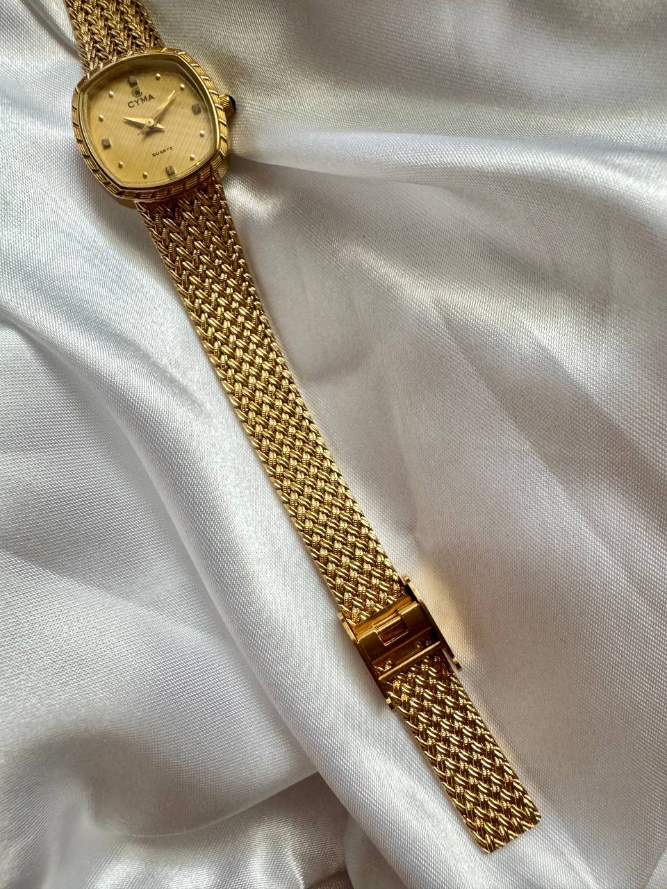 CYMA Vintage Champagne Gold Tone Diamante Ellipse Woven Bracelet Ladies Quartz Watch