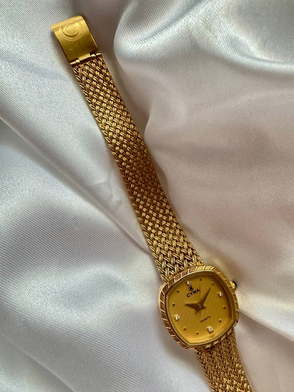 CYMA Vintage Champagne Gold Tone Diamante Ellipse Woven Bracelet Ladies Quartz Watch