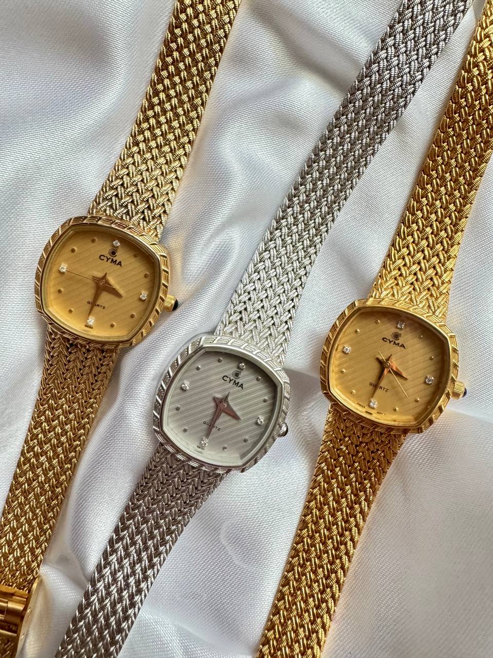 CYMA Vintage Yellow Gold Tone Diamante Ellipse Woven Bracelet Ladies Quartz Watch