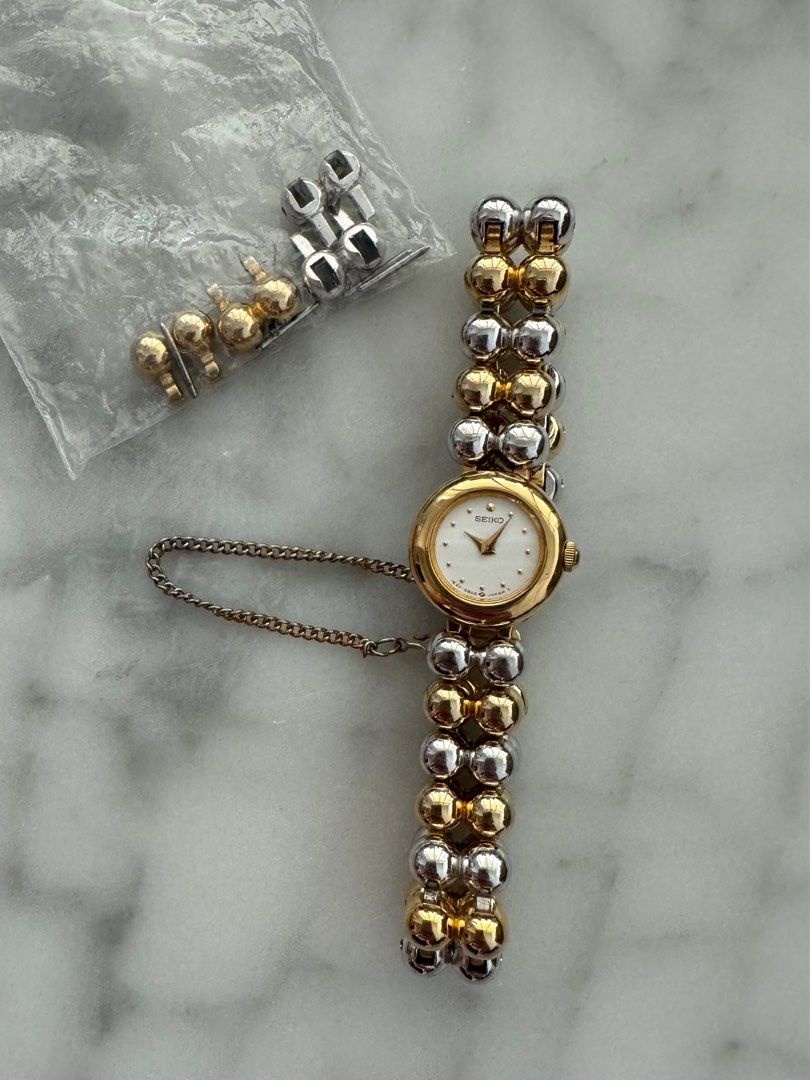 SEIKO Vintage 1990s Watch with Gold Tone and Steel Beaded Bracelet (Rare!)