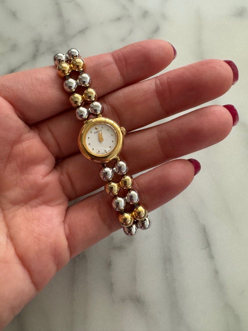 SEIKO Vintage 1990s Watch with Gold Tone and Steel Beaded Bracelet (Rare!)