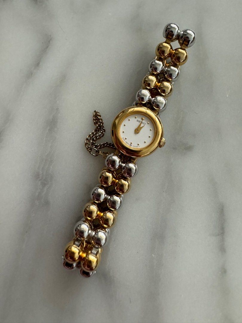 SEIKO Vintage 1990s Watch with Gold Tone and Steel Beaded Bracelet (Rare!)