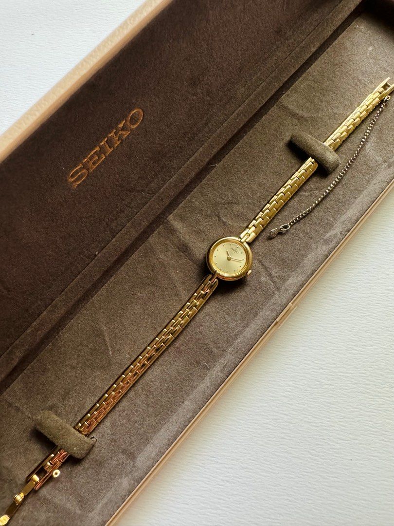 RARE Seiko Vintage Gold-Tone Dainty Bracelet Watch with Safety Chain