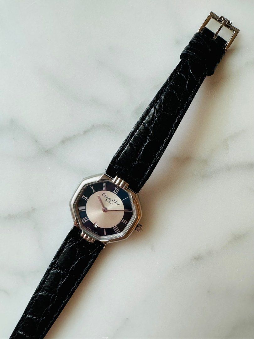 CHRISTIAN DIOR 1990s Silver Octagon Black Leather Strap Unisex Watch (Vintage)