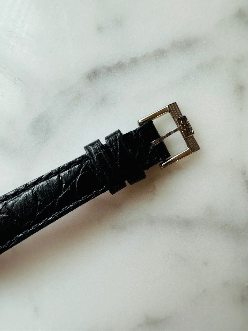 CHRISTIAN DIOR 1990s Silver Octagon Black Leather Strap Unisex Watch (Vintage)