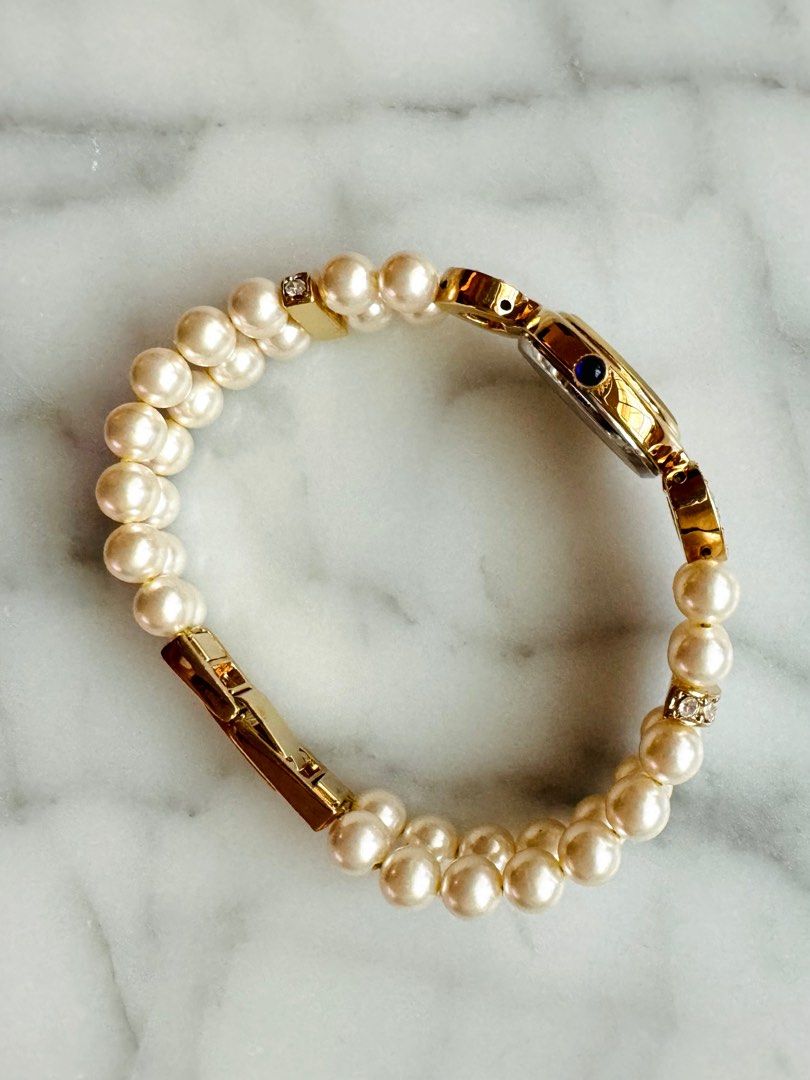 AVON 1990s Vintage Japan Pearl Heart Rhinestone Gold Tone Watch