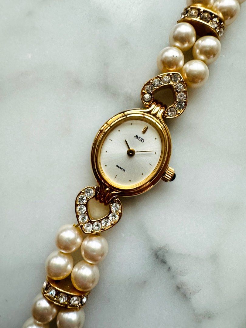 AVON 1990s Vintage Japan Pearl Heart Rhinestone Gold Tone Watch