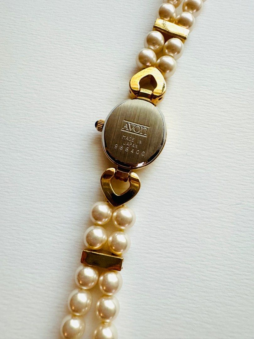 AVON 1990s Vintage Japan Pearl Heart Rhinestone Gold Tone Watch
