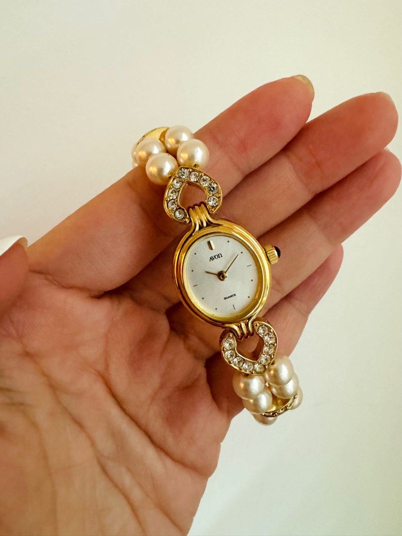 AVON 1990s Vintage Japan Pearl Heart Rhinestone Gold Tone Watch