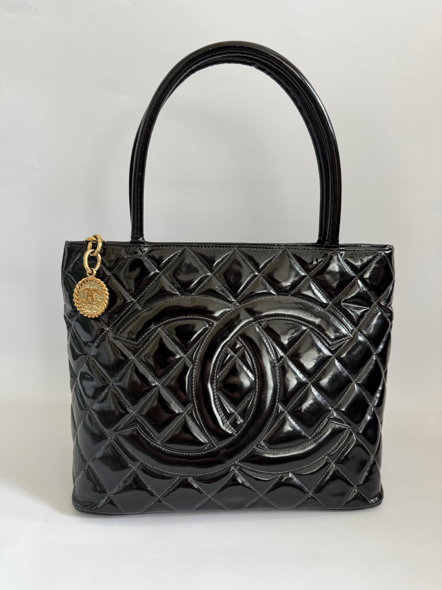 CHANEL Black Patent Medallion Top Handle Tote Bag (2003)