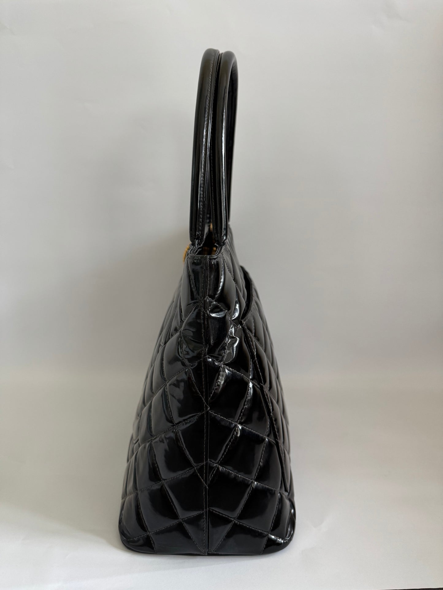 CHANEL Black Patent Medallion Top Handle Tote Bag (2003)