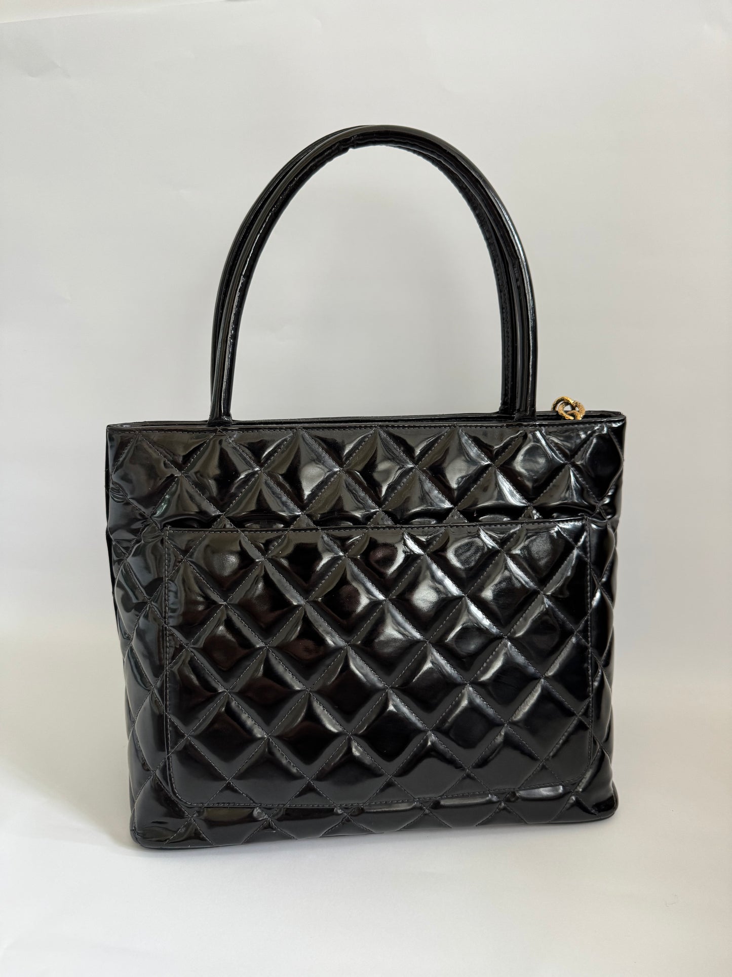CHANEL Black Patent Medallion Top Handle Tote Bag (2003)