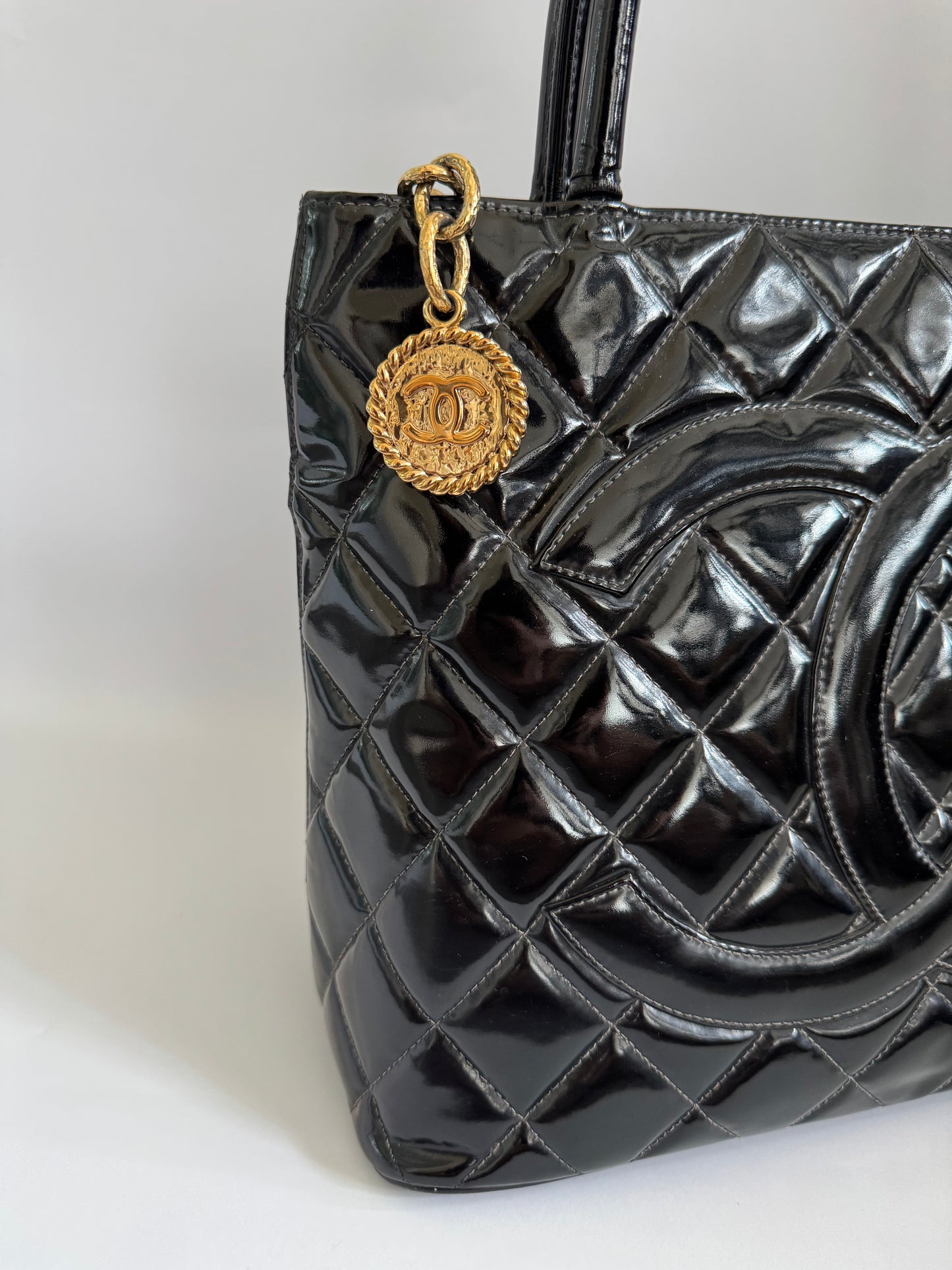 CHANEL Black Patent Medallion Top Handle Tote Bag (2003)