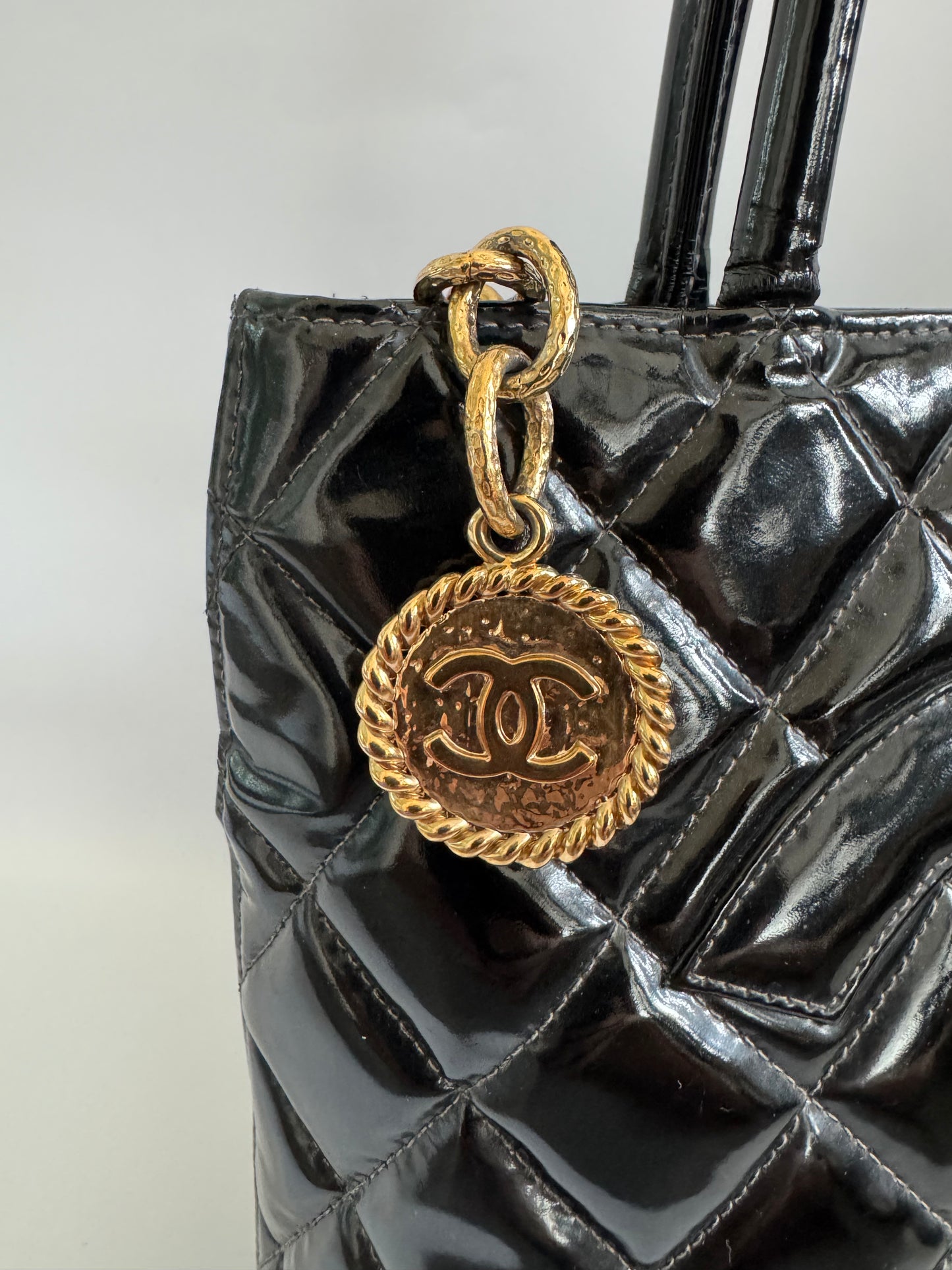 CHANEL Black Patent Medallion Top Handle Tote Bag (2003)