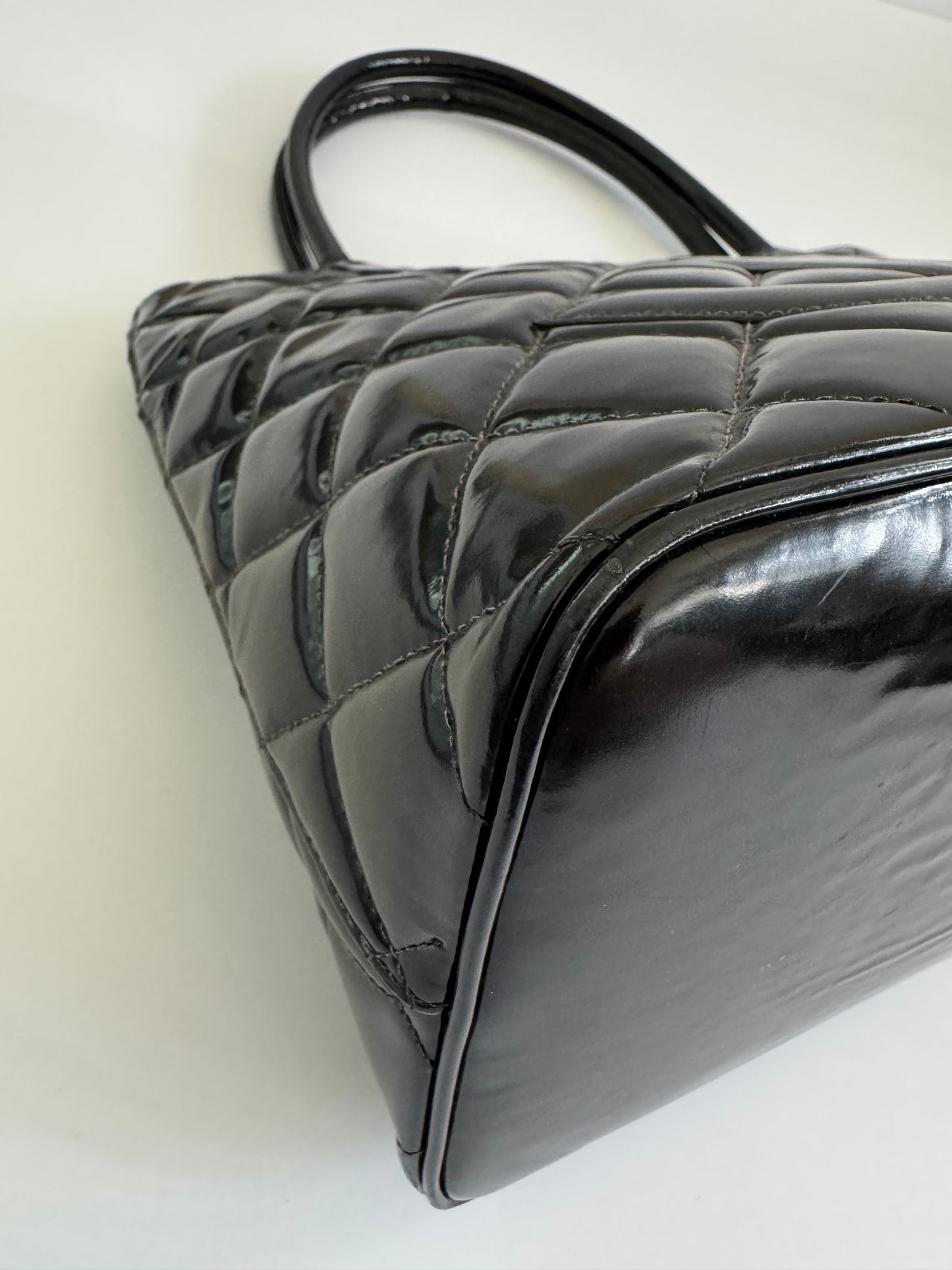 CHANEL Black Patent Medallion Top Handle Tote Bag (2003)