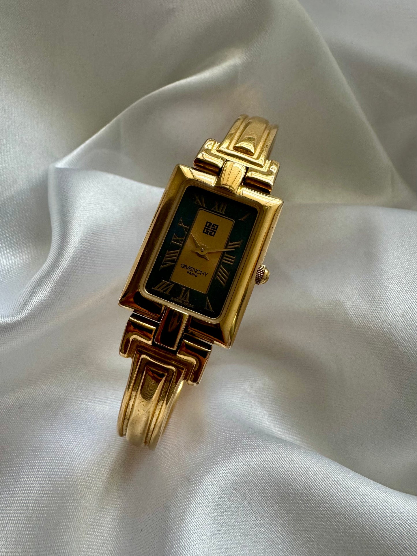 1990s Givenchy Millésime Gold-Plated Bangle Watch with Black Dial
