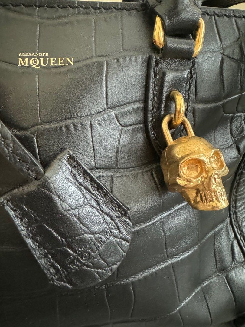 Alexander McQueen Skull Padlock Croc Embossed Boston Bag with Cross Bo – myspringfling