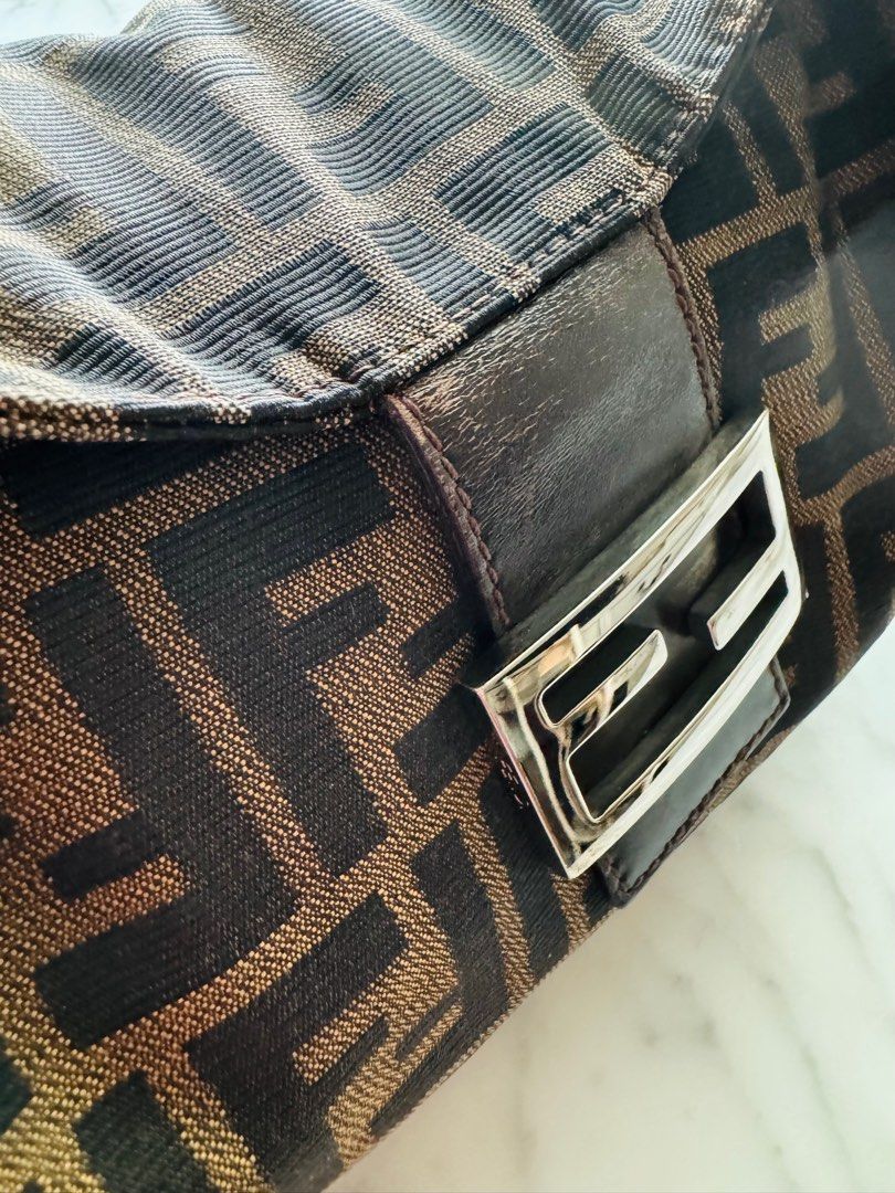 FENDI Tobacco Zucca Fold Over Baguette Shoulder Bag