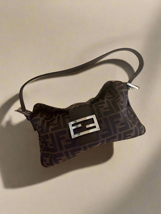 FENDI Tobacco Zucca Fold Over Baguette Shoulder Bag
