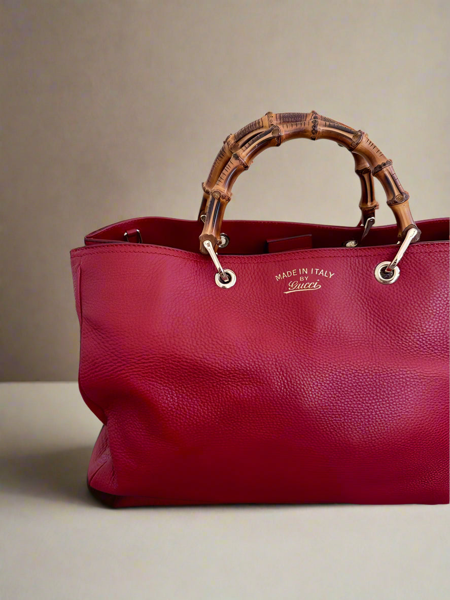 GUCCI Bamboo Handle Large Shopper Top Handle Tote with Crossbody Strap in Burgundy Cowhide